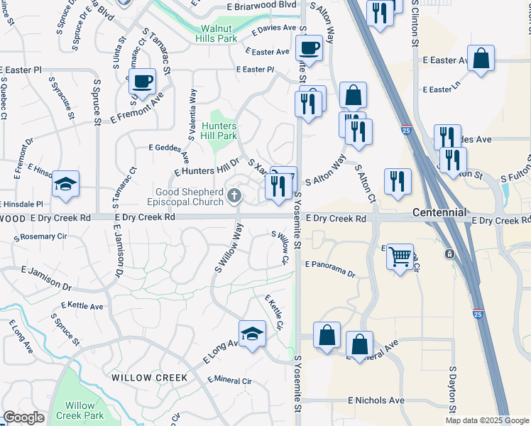map of restaurants, bars, coffee shops, grocery stores, and more near 1621 East Dry Creek Road in Centennial