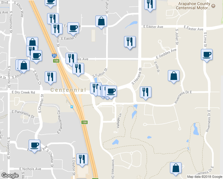 map of restaurants, bars, coffee shops, grocery stores, and more near 10201 East Dry Creek Road in Englewood