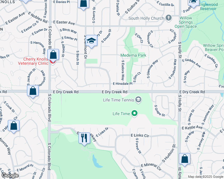 map of restaurants, bars, coffee shops, grocery stores, and more near 7498 South Dexter Way in Centennial