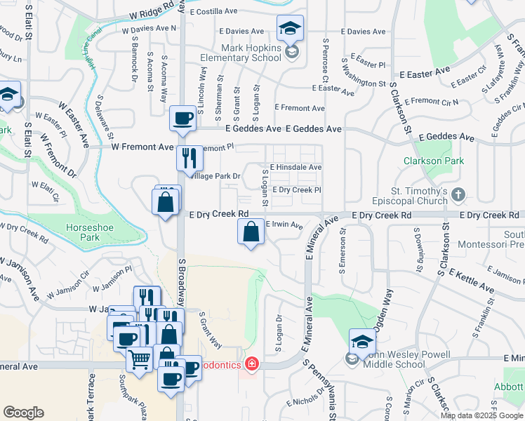 map of restaurants, bars, coffee shops, grocery stores, and more near 399 East Dry Creek Road in Littleton