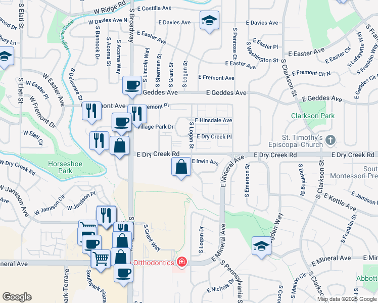 map of restaurants, bars, coffee shops, grocery stores, and more near 7501 South Logan Drive in Littleton