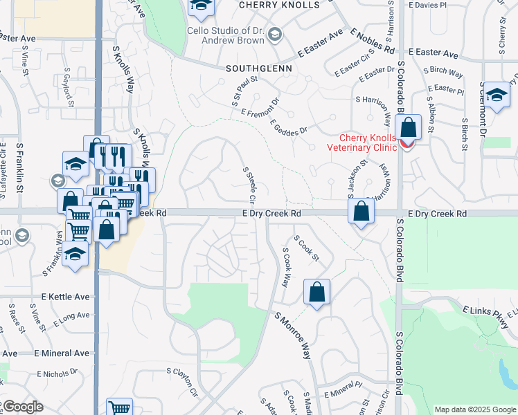 map of restaurants, bars, coffee shops, grocery stores, and more near 7490 South Steele Circle in Centennial
