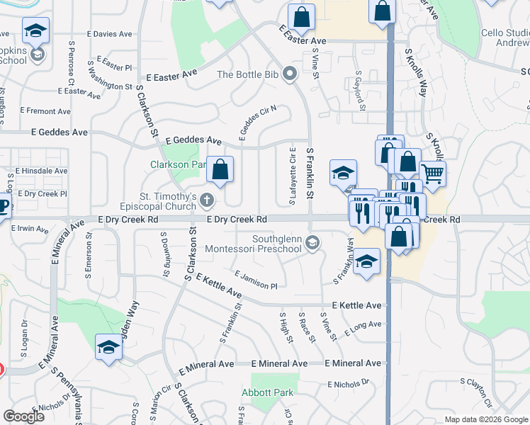 map of restaurants, bars, coffee shops, grocery stores, and more near 1683 East Dry Creek Place in Centennial