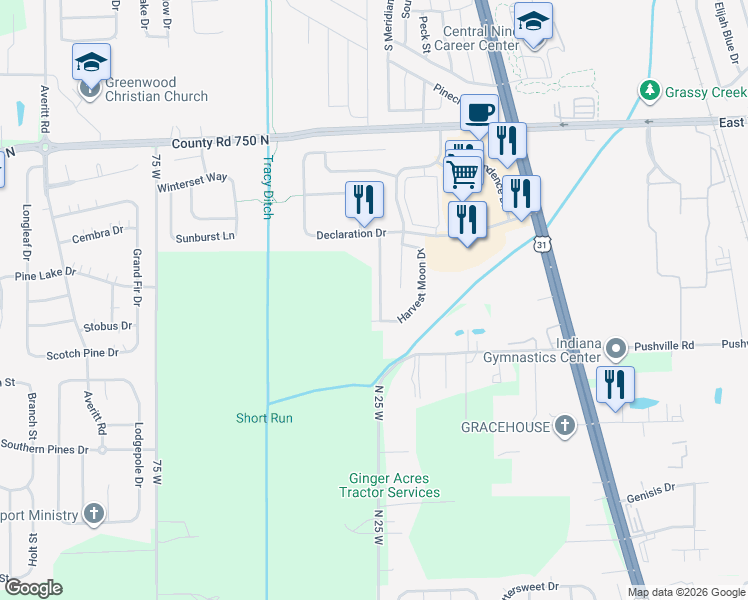 map of restaurants, bars, coffee shops, grocery stores, and more near 2525 Summerwood Lane in Greenwood