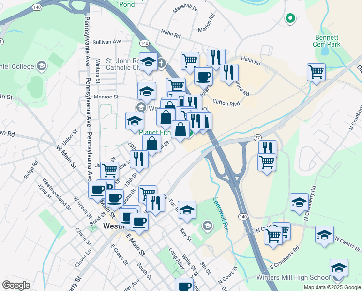 map of restaurants, bars, coffee shops, grocery stores, and more near 100 John Street in Westminster