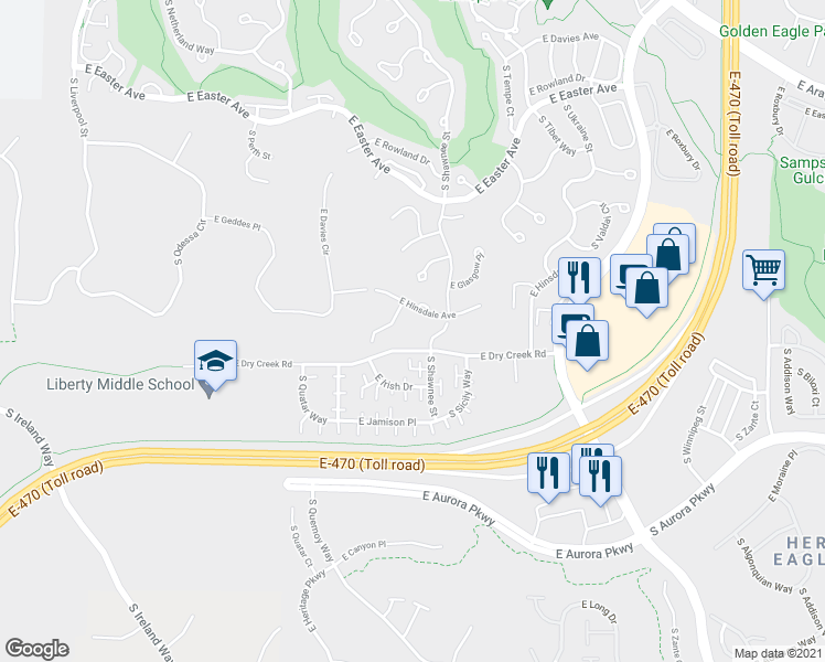 map of restaurants, bars, coffee shops, grocery stores, and more near 22105 East Dry Creek Place in Aurora