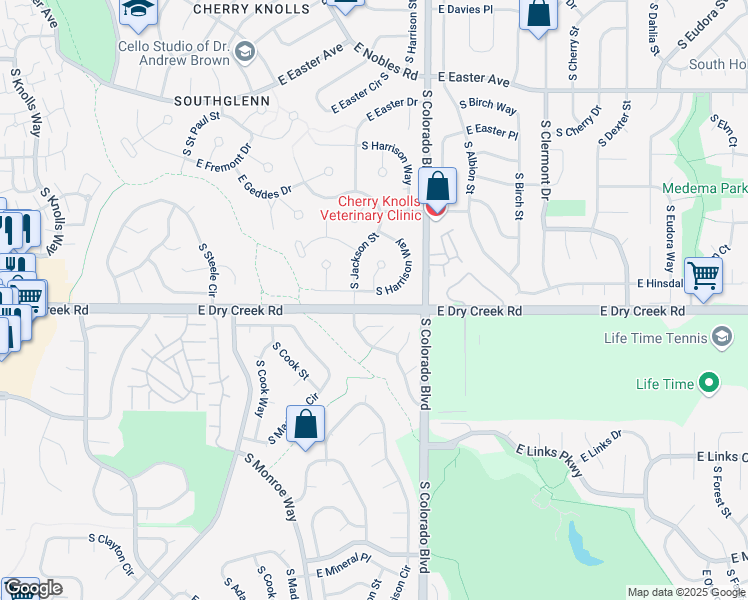 map of restaurants, bars, coffee shops, grocery stores, and more near 7510 South Jackson Street in Centennial