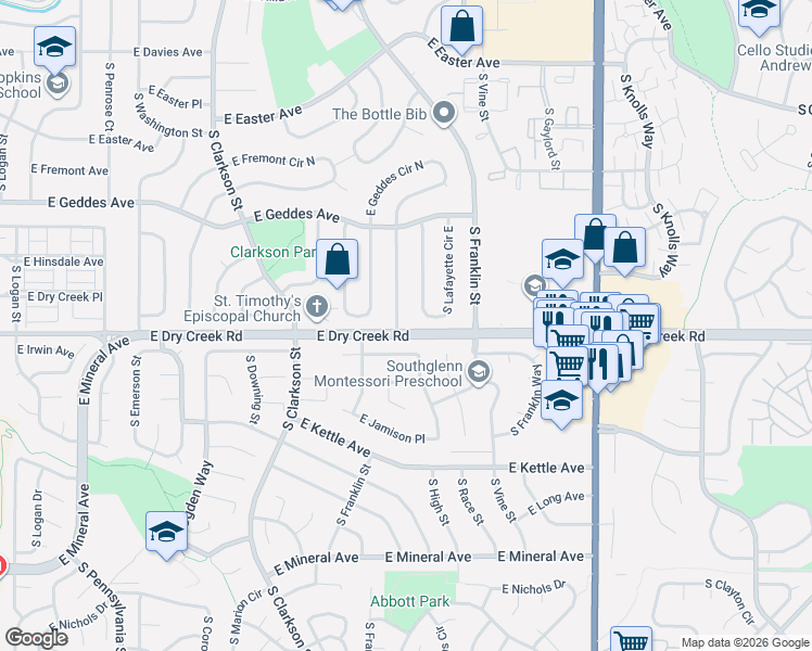 map of restaurants, bars, coffee shops, grocery stores, and more near 1683 East Dry Creek Place in Centennial