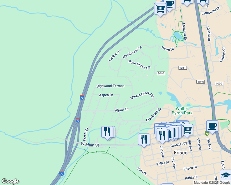 map of restaurants, bars, coffee shops, grocery stores, and more near 190 Aspen Drive in Frisco
