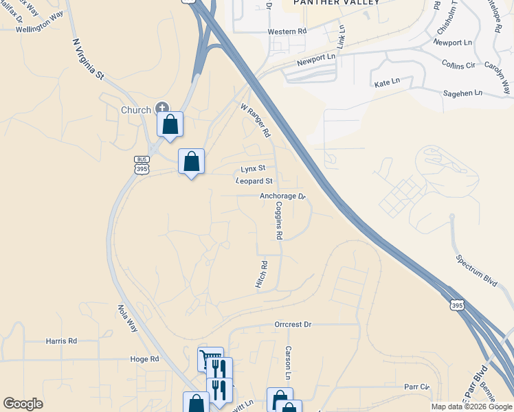 map of restaurants, bars, coffee shops, grocery stores, and more near 5168 Anchorage Court in Reno