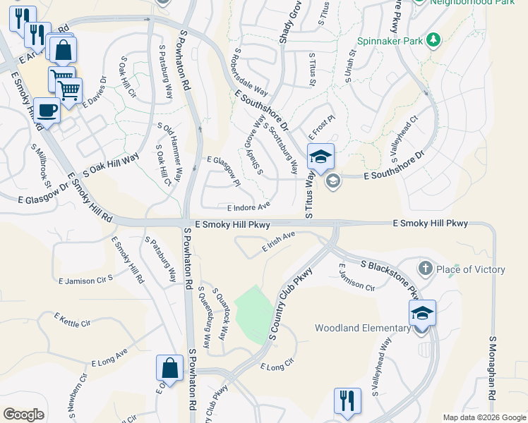 map of restaurants, bars, coffee shops, grocery stores, and more near 26934 East Indore Avenue in Aurora