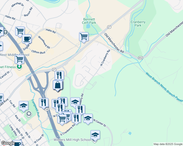 map of restaurants, bars, coffee shops, grocery stores, and more near 505 Tremont Drive in Westminster