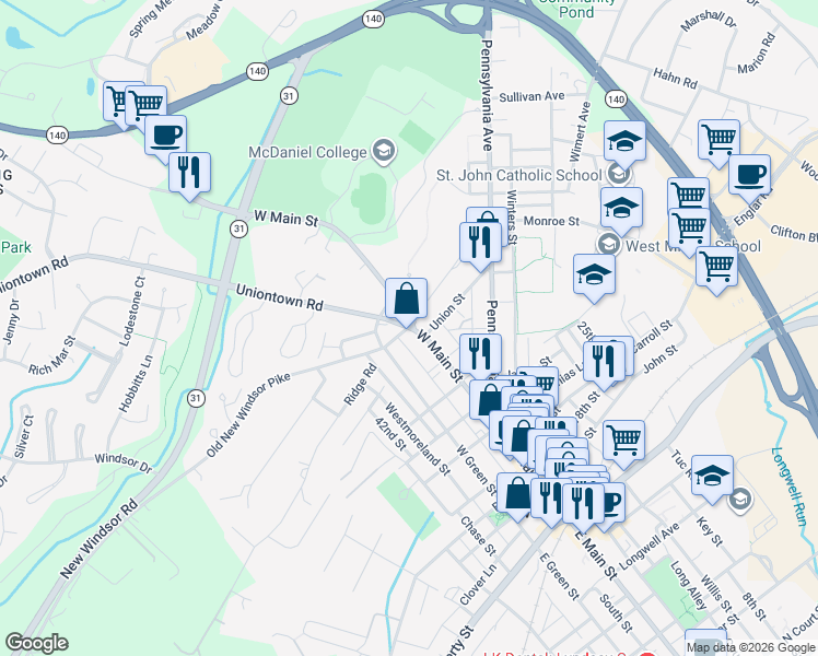 map of restaurants, bars, coffee shops, grocery stores, and more near W Main St & Old New Windsor Rd in Westminster