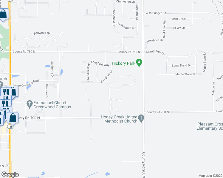 map of restaurants, bars, coffee shops, grocery stores, and more near 1298 Colinbrook Circle in Greenwood