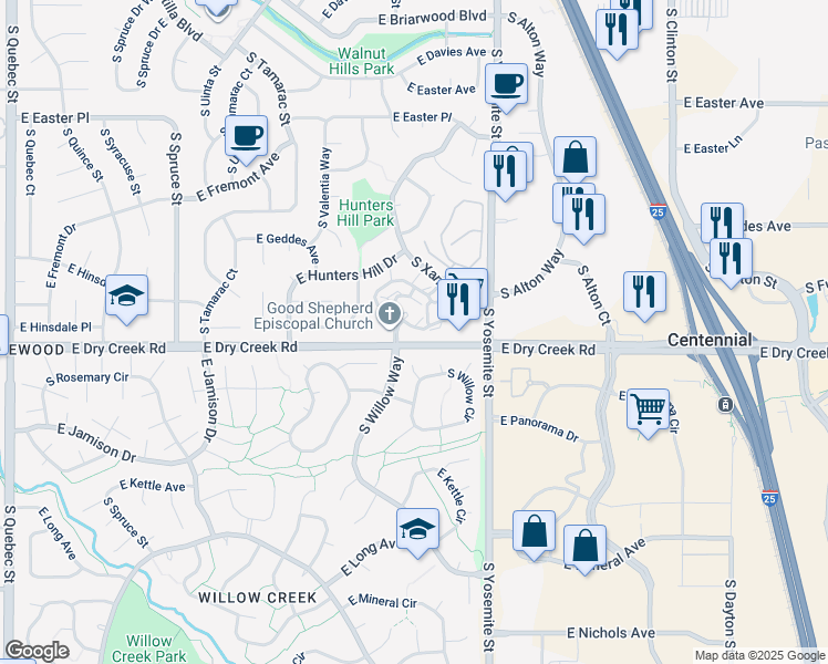 map of restaurants, bars, coffee shops, grocery stores, and more near East Dry Creek Road in Centennial