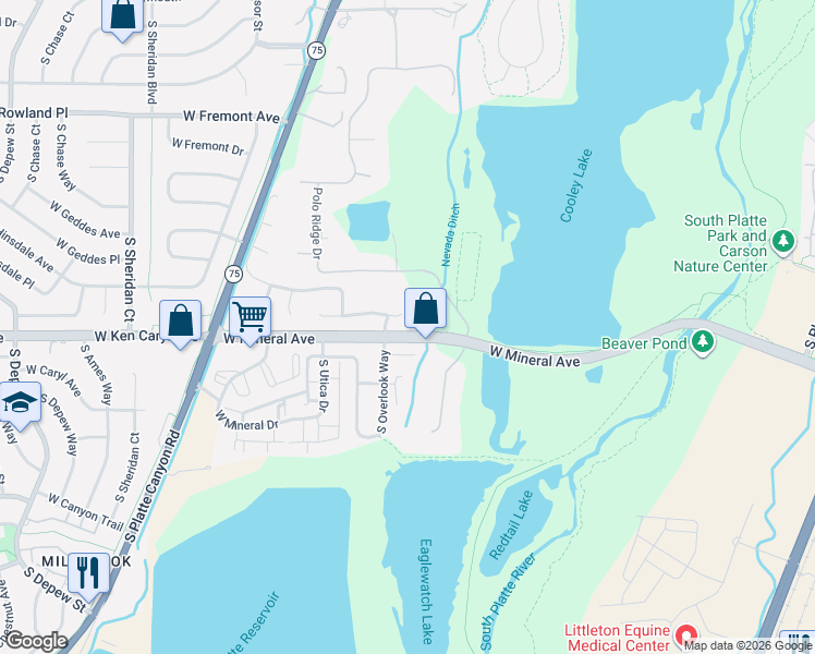 map of restaurants, bars, coffee shops, grocery stores, and more near 4390 West Jamison Place in Littleton