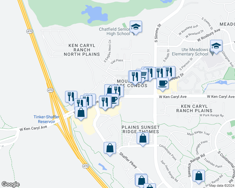 map of restaurants, bars, coffee shops, grocery stores, and more near in Ken Caryl