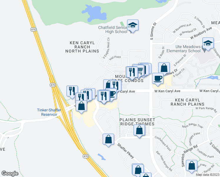 map of restaurants, bars, coffee shops, grocery stores, and more near 12512 West Ken Caryl Avenue in Littleton