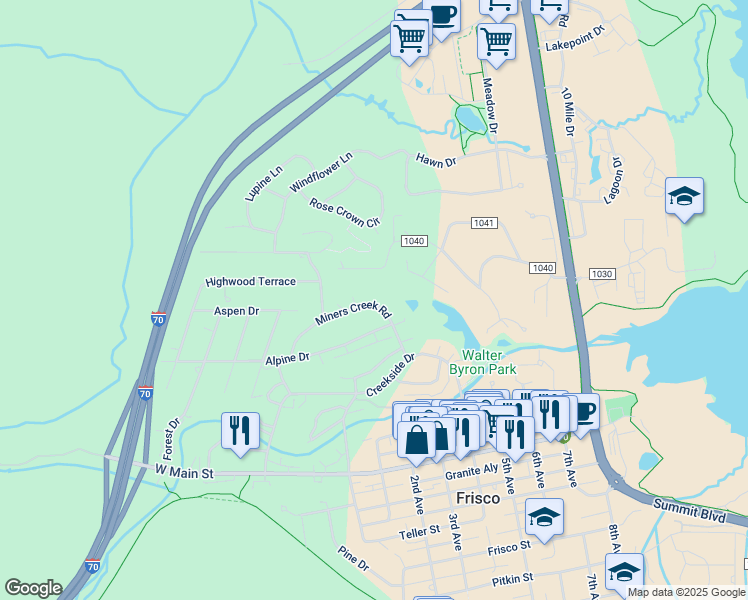 map of restaurants, bars, coffee shops, grocery stores, and more near 203 Miners Creek Road in Frisco