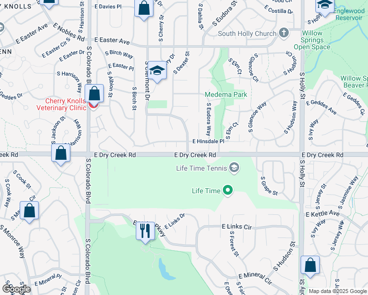 map of restaurants, bars, coffee shops, grocery stores, and more near 7498 South Dexter Way in Centennial