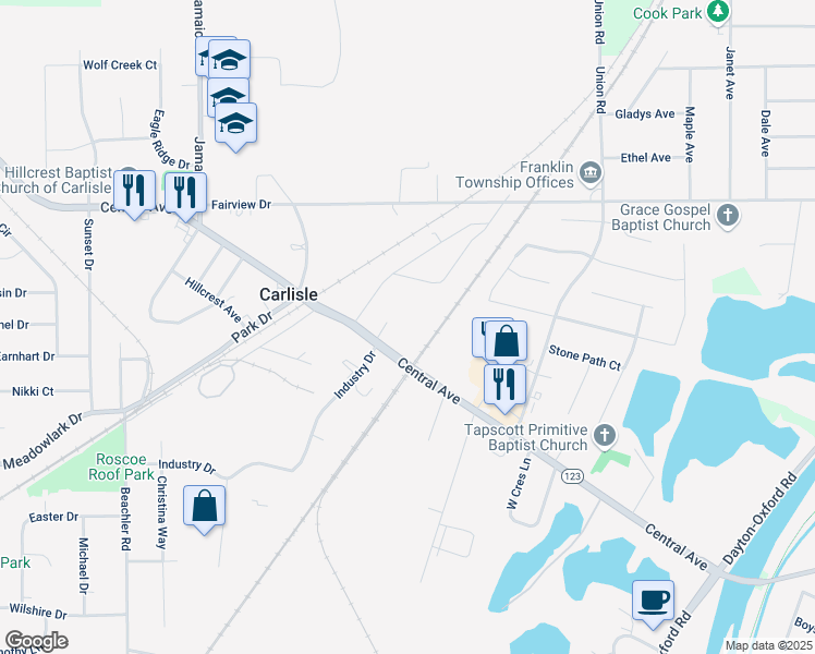 map of restaurants, bars, coffee shops, grocery stores, and more near 572 Central Ave in Carlisle
