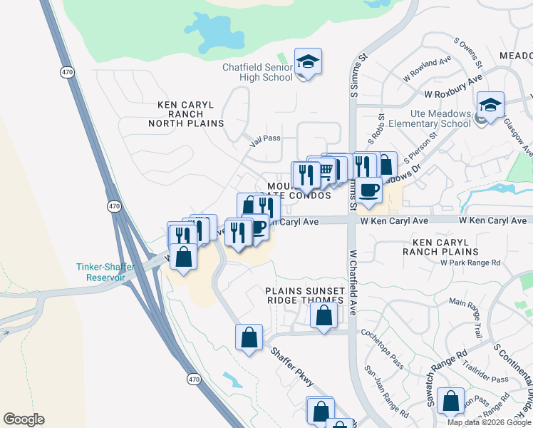 map of restaurants, bars, coffee shops, grocery stores, and more near in Ken Caryl