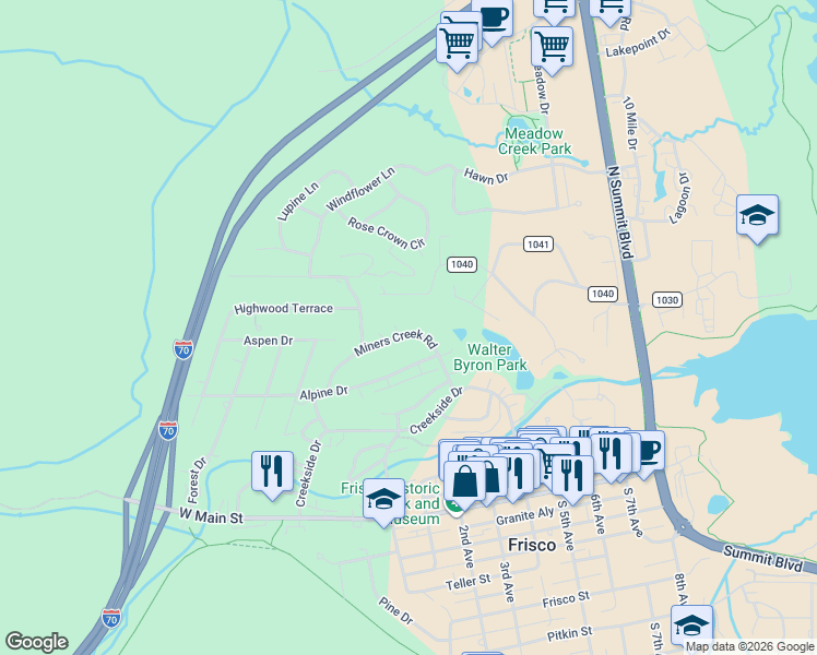 map of restaurants, bars, coffee shops, grocery stores, and more near 203 Miners Creek Road in Frisco