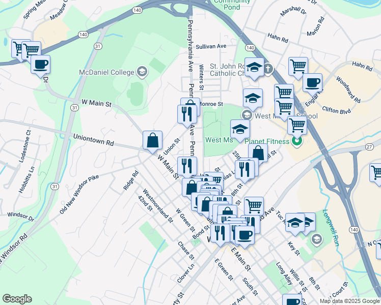 map of restaurants, bars, coffee shops, grocery stores, and more near 81 1/2 Pennsylvania Avenue in Westminster