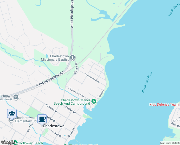 map of restaurants, bars, coffee shops, grocery stores, and more near 65 Clearview Avenue in North East