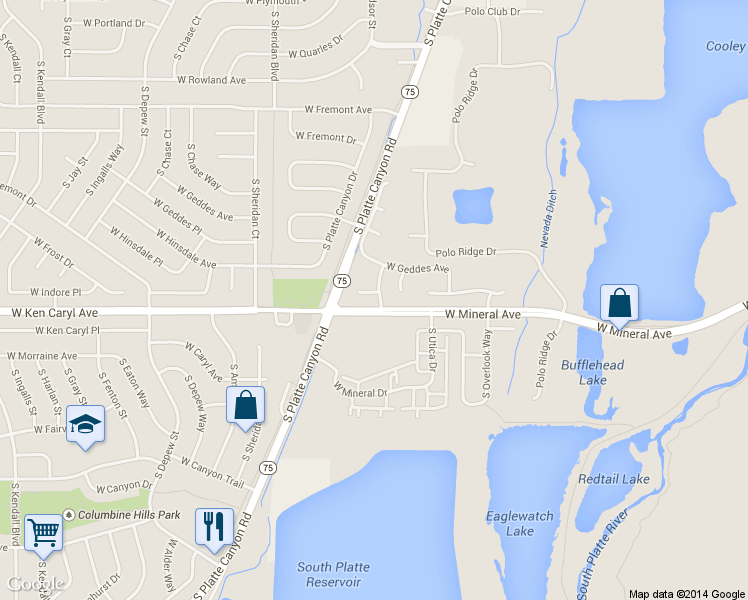 map of restaurants, bars, coffee shops, grocery stores, and more near 4704 West Hinsdale Court in Littleton