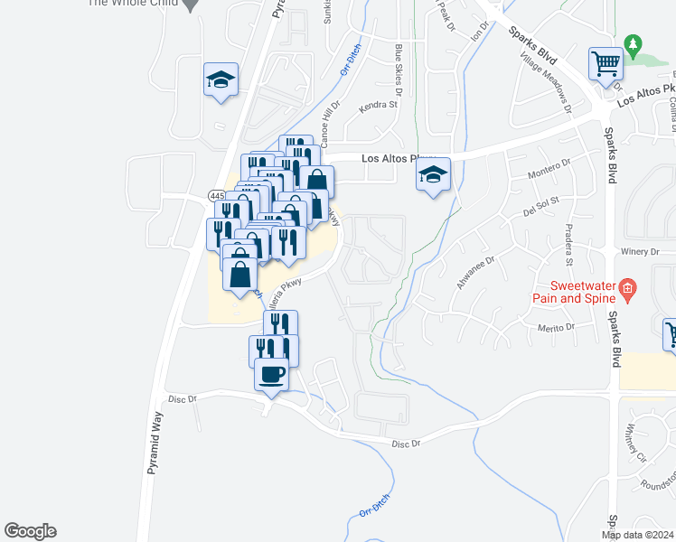 map of restaurants, bars, coffee shops, grocery stores, and more near 4877 Bougainvillea Drive in Sparks