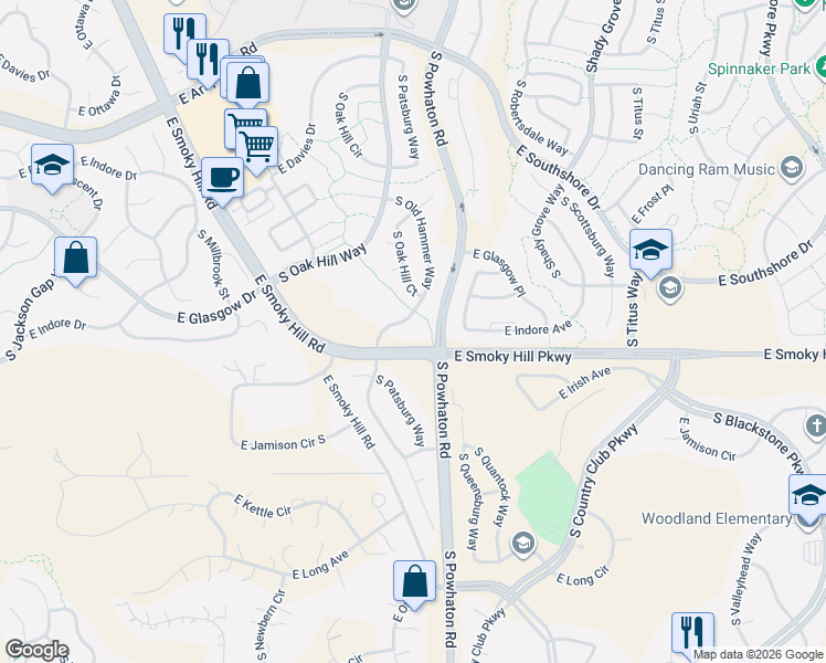 map of restaurants, bars, coffee shops, grocery stores, and more near 7468 South Old Hammer Way in Aurora