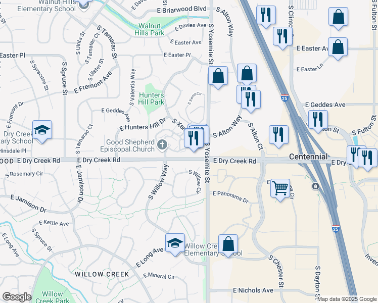 map of restaurants, bars, coffee shops, grocery stores, and more near 1621 East Dry Creek Road in Centennial