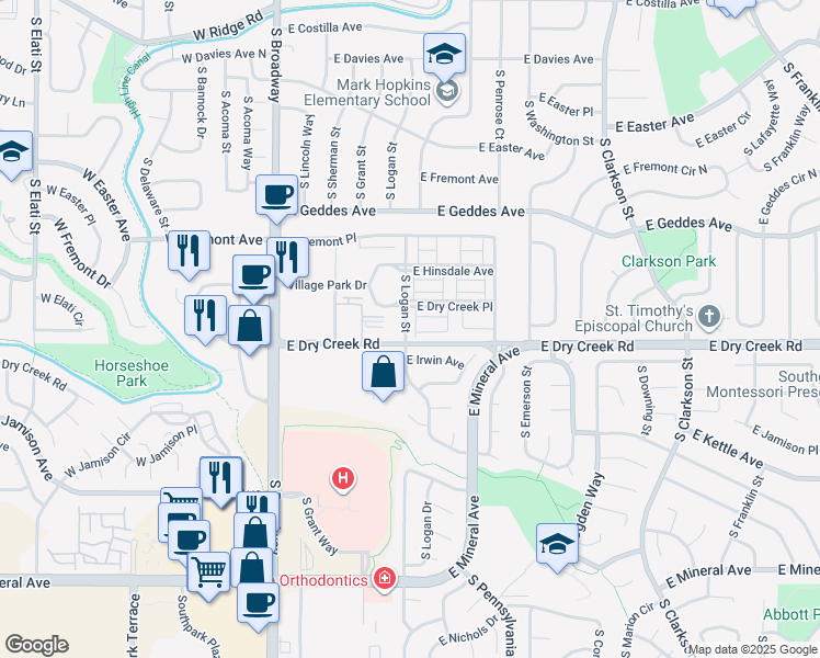 map of restaurants, bars, coffee shops, grocery stores, and more near 7501 South Logan Drive in Littleton