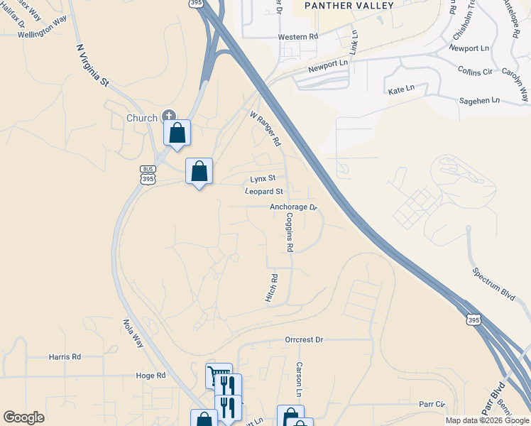 map of restaurants, bars, coffee shops, grocery stores, and more near 5168 Anchorage Court in Reno