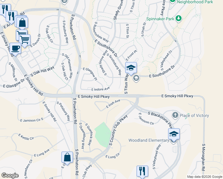 map of restaurants, bars, coffee shops, grocery stores, and more near 26934 East Indore Avenue in Aurora