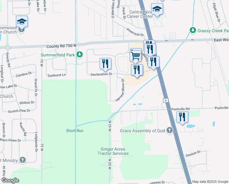 map of restaurants, bars, coffee shops, grocery stores, and more near 2458 Providence Court in Greenwood