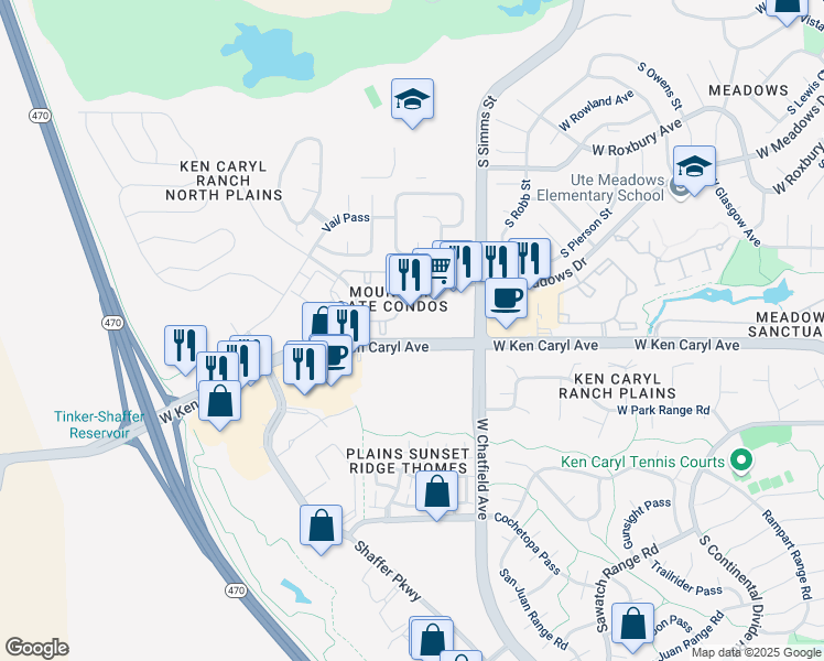 map of restaurants, bars, coffee shops, grocery stores, and more near 11767 West Ken Caryl Avenue in Littleton
