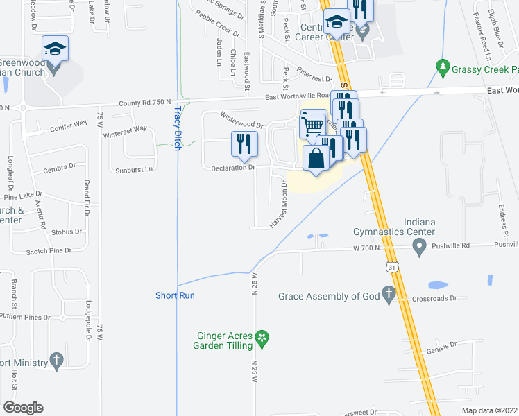 map of restaurants, bars, coffee shops, grocery stores, and more near 2455 Summerwood Lane in Greenwood