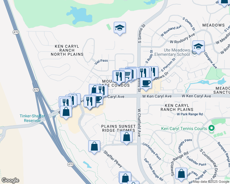 map of restaurants, bars, coffee shops, grocery stores, and more near 11767 West Ken Caryl Avenue in Littleton