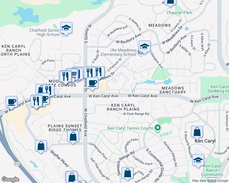 map of restaurants, bars, coffee shops, grocery stores, and more near 7580 South Dome Peak in Littleton