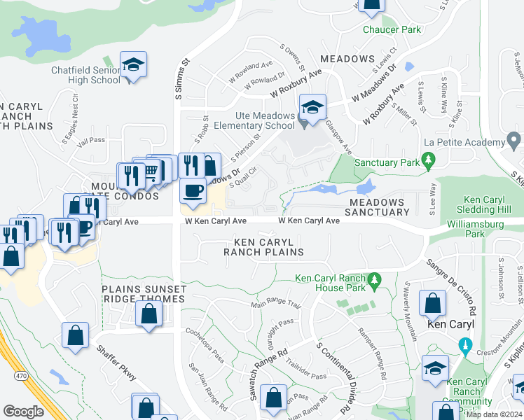 map of restaurants, bars, coffee shops, grocery stores, and more near 7580 South Dome Peak in Littleton