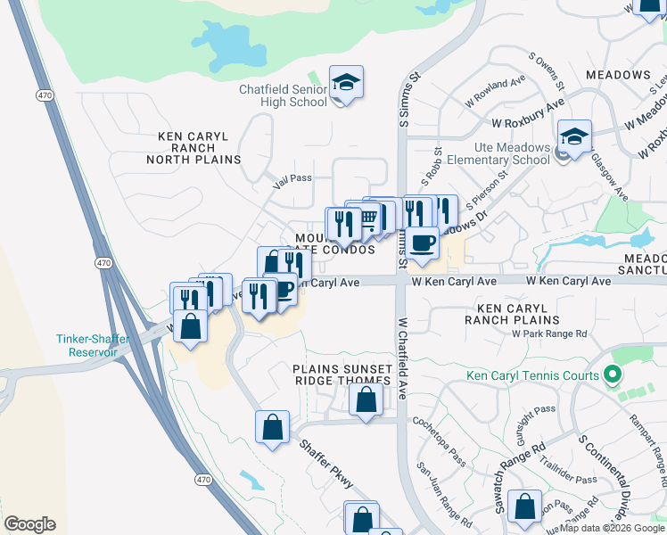map of restaurants, bars, coffee shops, grocery stores, and more near 11767 West Ken Caryl Avenue in Littleton