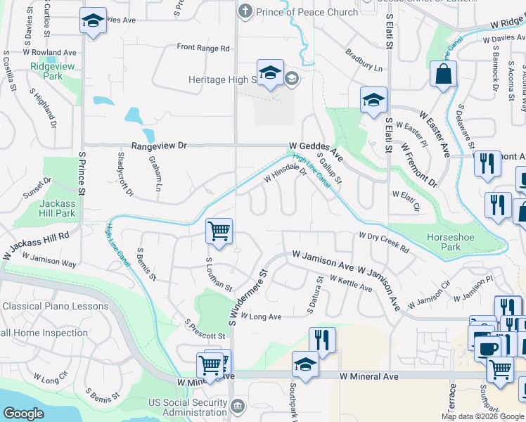 map of restaurants, bars, coffee shops, grocery stores, and more near 1451 West Dry Creek Road in Littleton