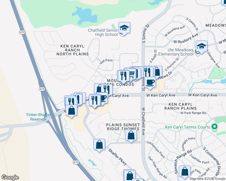map of restaurants, bars, coffee shops, grocery stores, and more near 7498 South Alkire Street in Littleton
