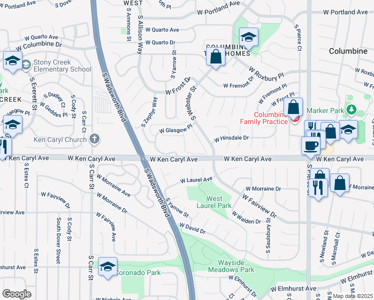 map of restaurants, bars, coffee shops, grocery stores, and more near in Columbine