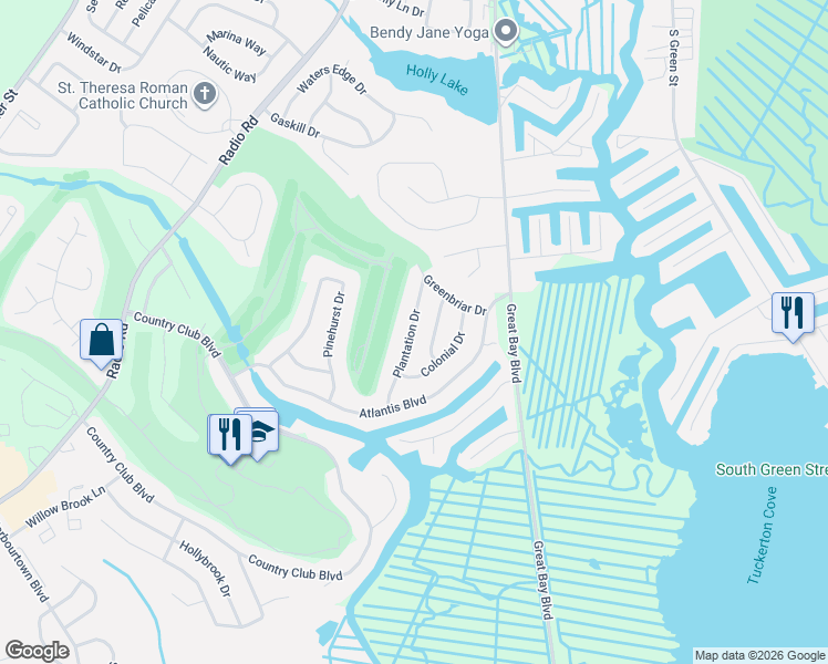 map of restaurants, bars, coffee shops, grocery stores, and more near 12 Plantation Drive in Ocean County