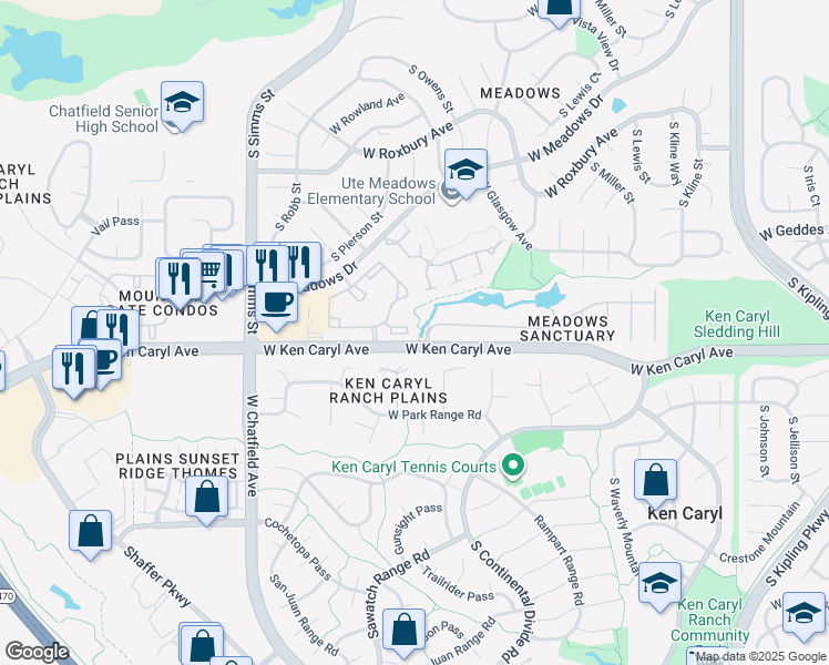 map of restaurants, bars, coffee shops, grocery stores, and more near 7526 Parkview Mountain in Littleton