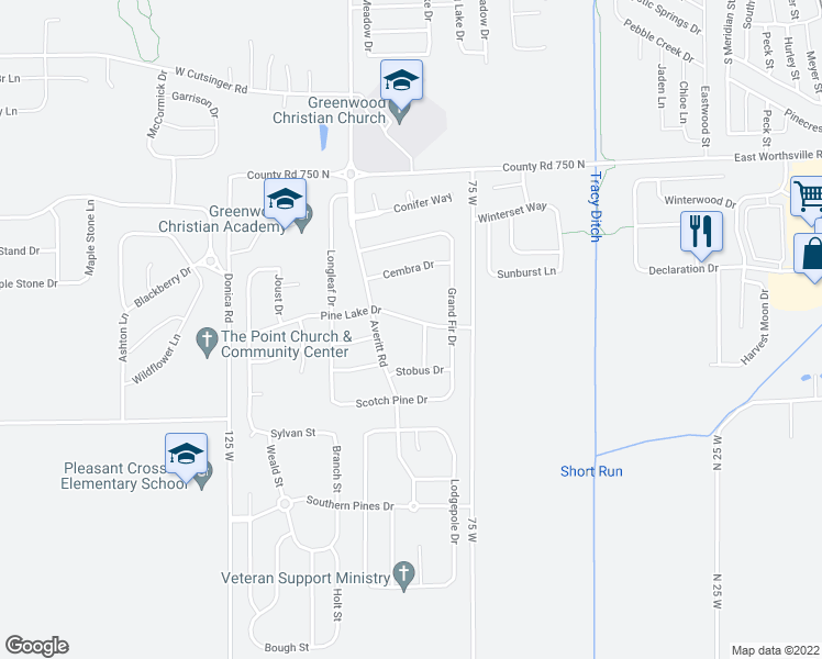 map of restaurants, bars, coffee shops, grocery stores, and more near 627 Pine Lake Drive in Greenwood