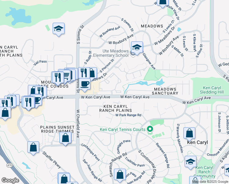 map of restaurants, bars, coffee shops, grocery stores, and more near 7580 South Dome Peak in Littleton